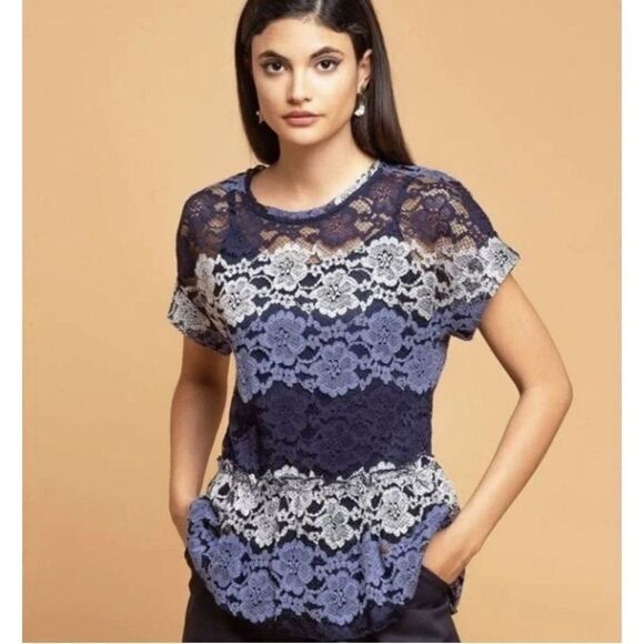 Eva Franco Medium‎ Blue Lace Blouse Sheer Short Sleeve Anthropologie Peplum - Picture 1 of 11